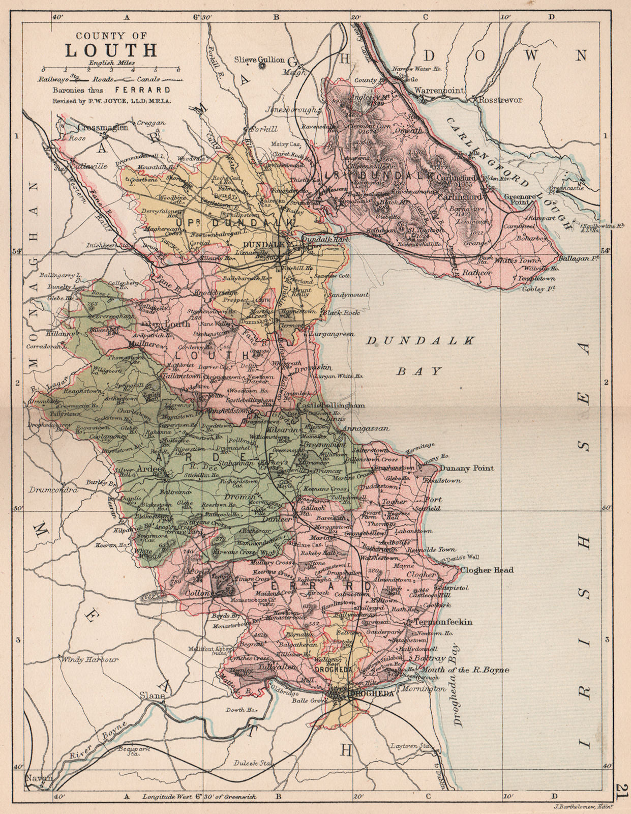 COUNTY LOUTH. Antique county map. Leinster. Ireland. BARTHOLOMEW 1882 old